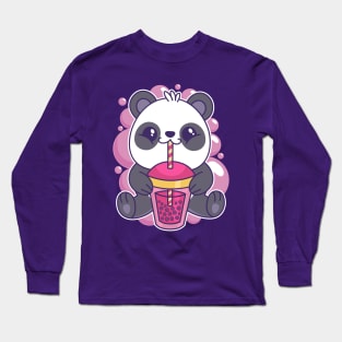 Baby Panda Drinking Bubble Tea Cute Kawaii Bear Long Sleeve T-Shirt